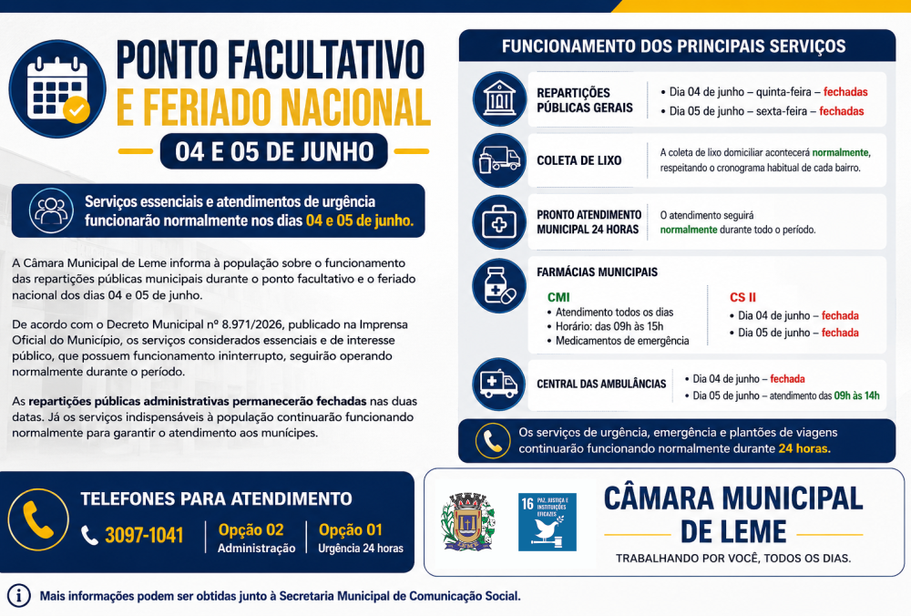 Câmara Municipal informa funcionamento dos serviços públicos durante ponto facultativo e feriado nacional