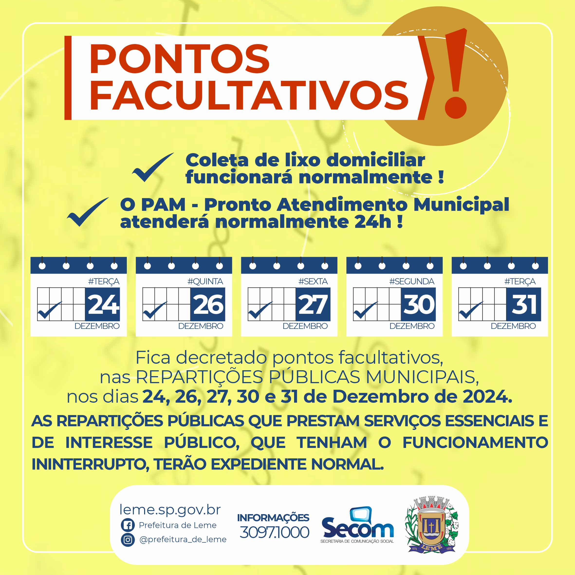 Pontos Facultativos dias 24, 26, 27, 30 e 31 de dezembro