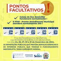 Pontos Facultativos dias 24, 26, 27, 30 e 31 de dezembro
